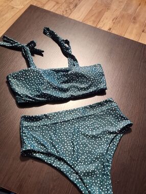 Teal Polka Dot High-Waist Bikini Set